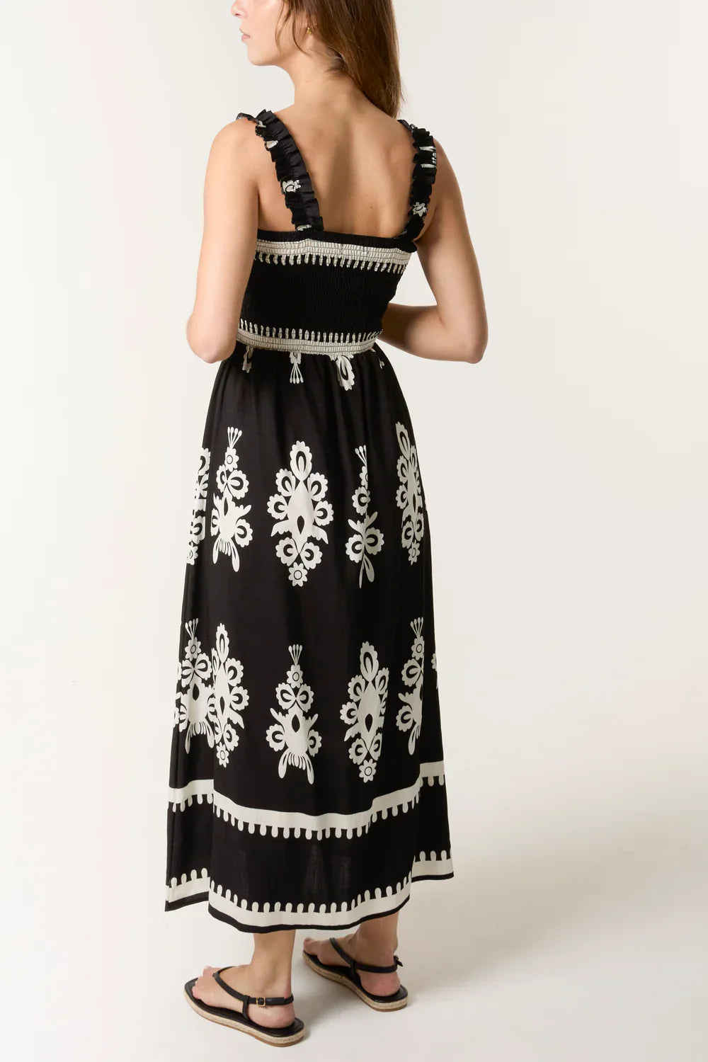 Printed Shirred Bodice Maxi Dress Black