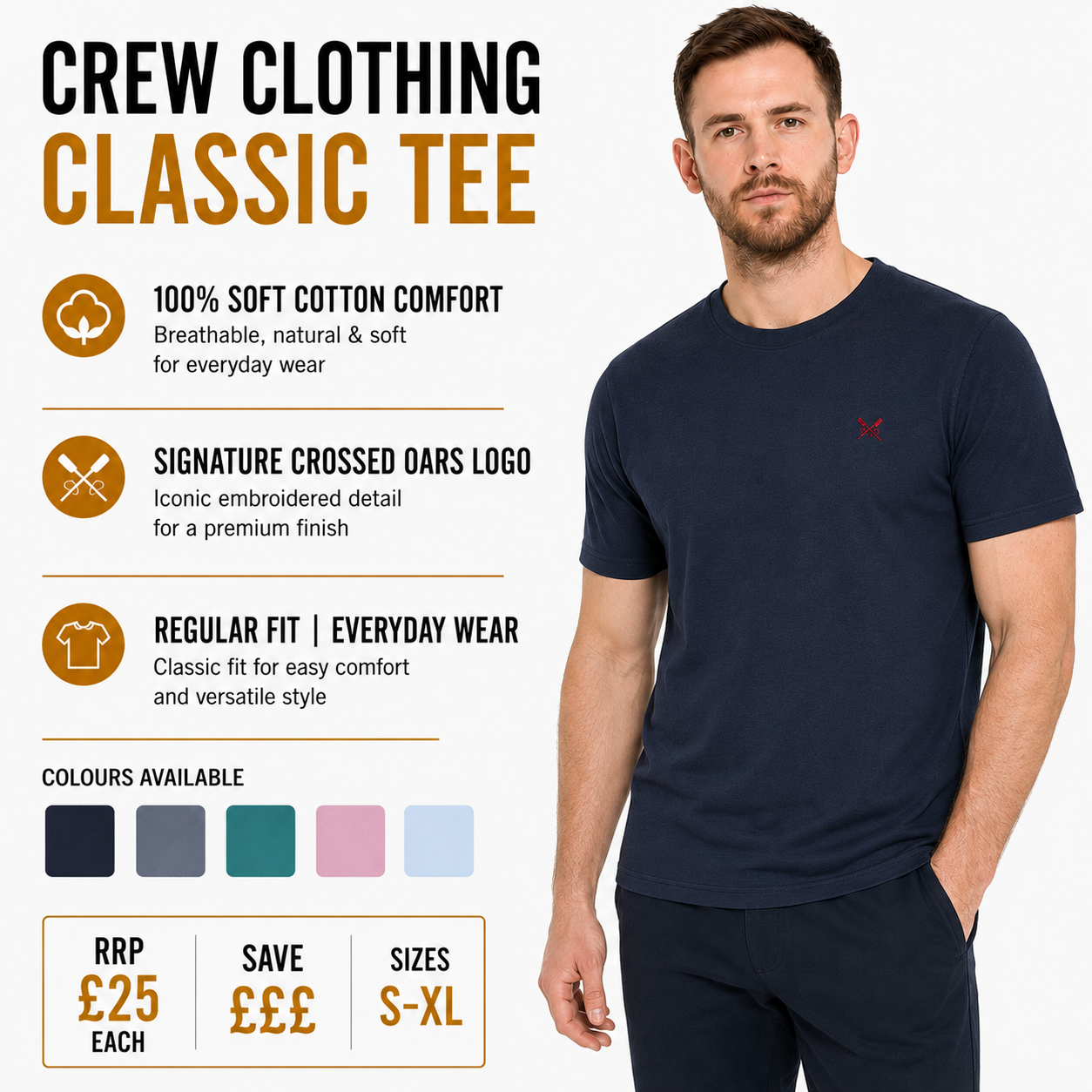 Crew Clothing Company Mens Classic T-Shirt 100% Cotton Oars Tee S-XL - QHA UK