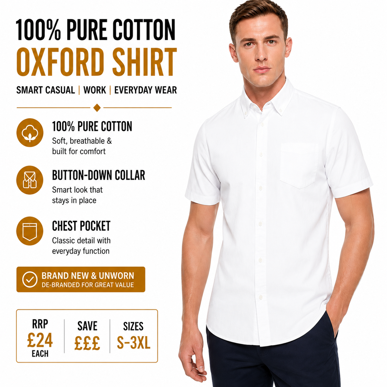 M&S Mens White Pure Cotton Oxford Shirt Short Sleeve Regular Fit S-3XL