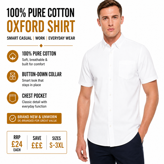 M&S Mens White Pure Cotton Oxford Shirt Short Sleeve Regular Fit S-3XL - QHA UK