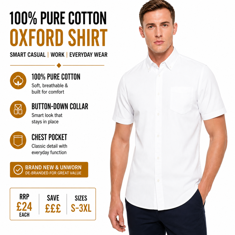 M&S Mens White Pure Cotton Oxford Shirt Short Sleeve Regular Fit S-3XL - QHA UK