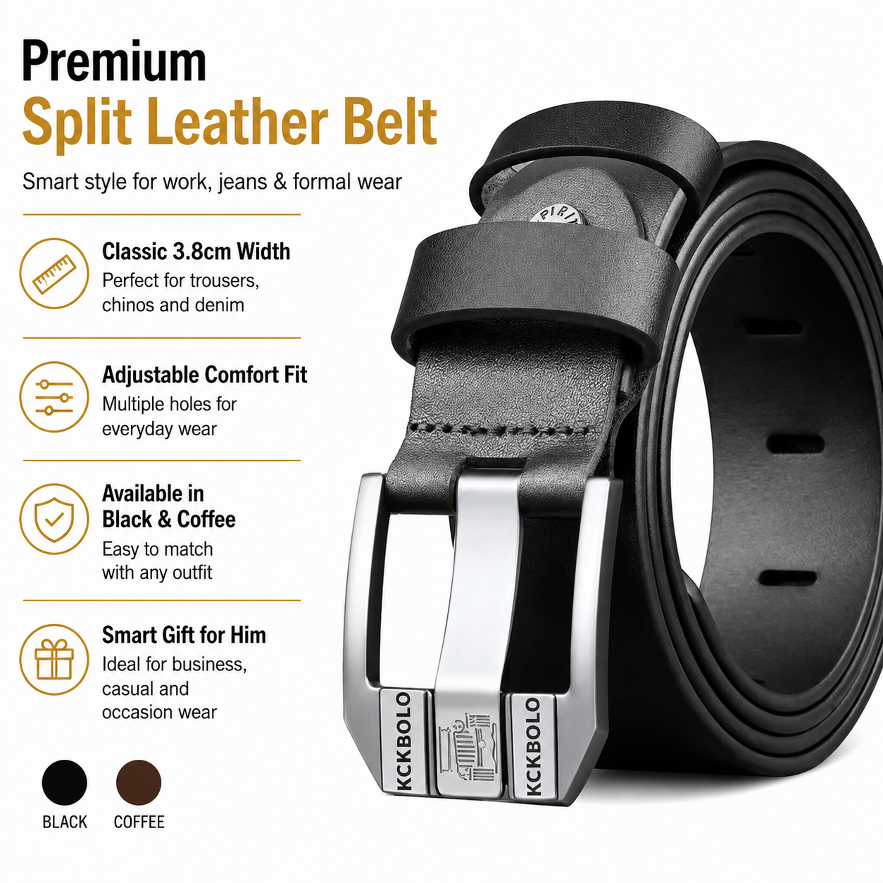 Mens Split Leather Belt 3.8cm Smart Casual Black Coffee Waist 30-40