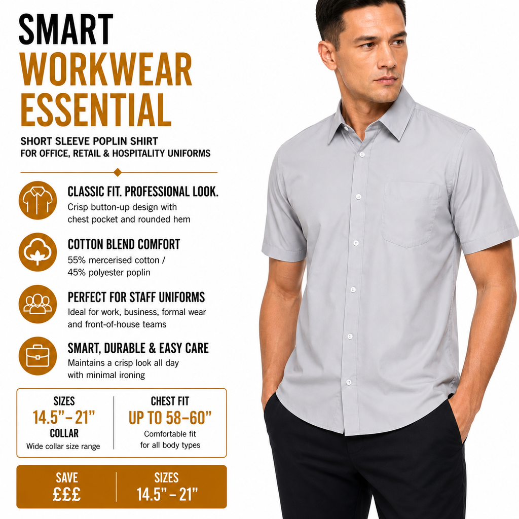 Kustom Kit Men's Short Sleeve Poplin Shirt Work Formal Uniform Cotton Blend - QHA UK