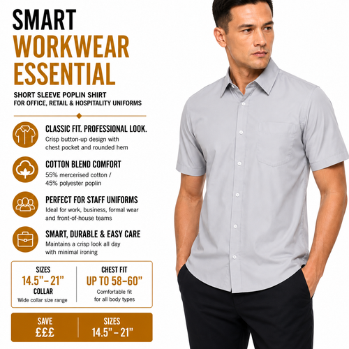 Kustom Kit Men's Short Sleeve Poplin Shirt Work Formal Uniform Cotton Blend - QHA UK