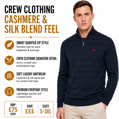 Crew Clothing Mens Cashmere Silk Blend Quarter Zip Jumper Navy Cream - QHA UK
