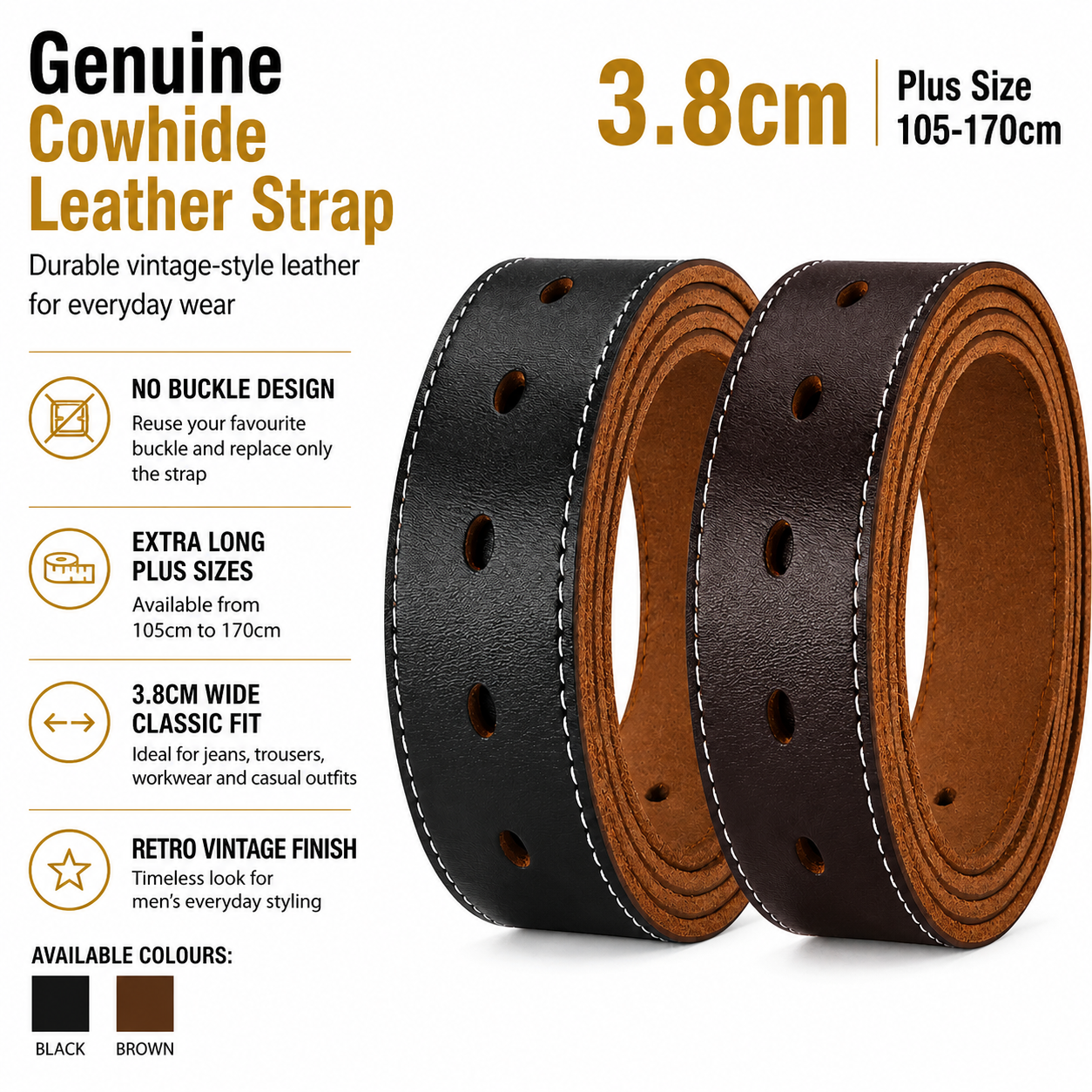 Mens Genuine Leather Belt Strap No Buckle 3.8cm Vintage Plus Size 30"-50"