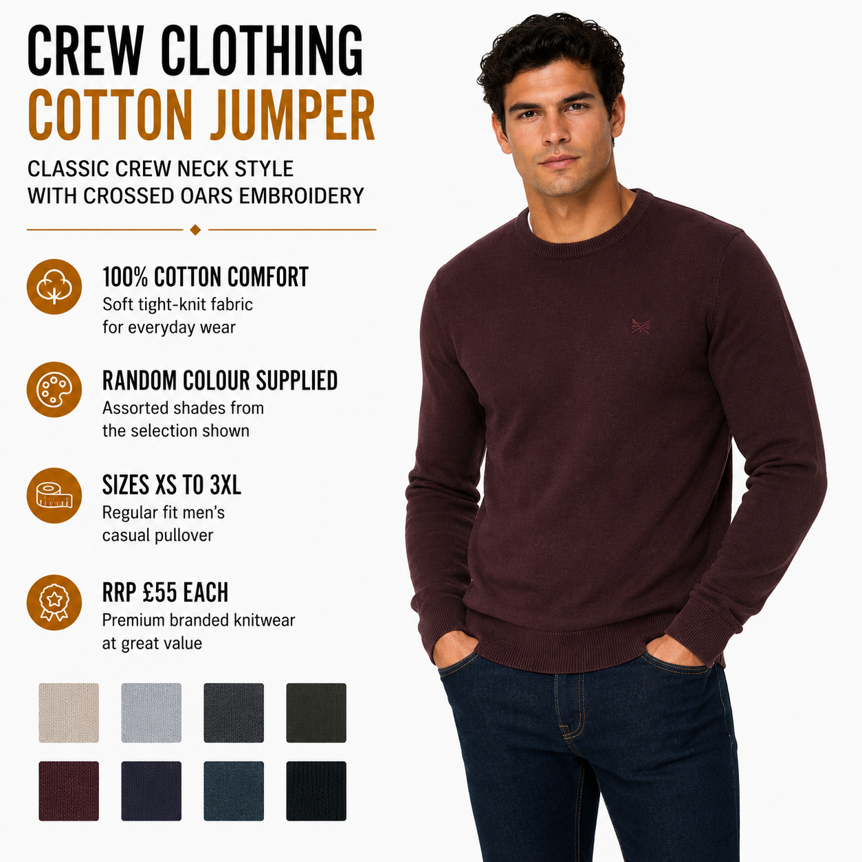 Crew Clothing Mens Cotton Crew Neck Jumper Random Colour XS-3XL RRP £55 - QHA UK