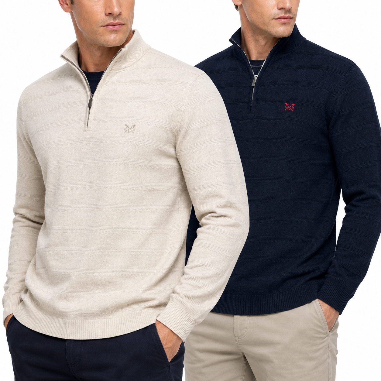 Crew Clothing Mens Cashmere Silk Blend Quarter Zip Jumper Navy Cream - QHA UK