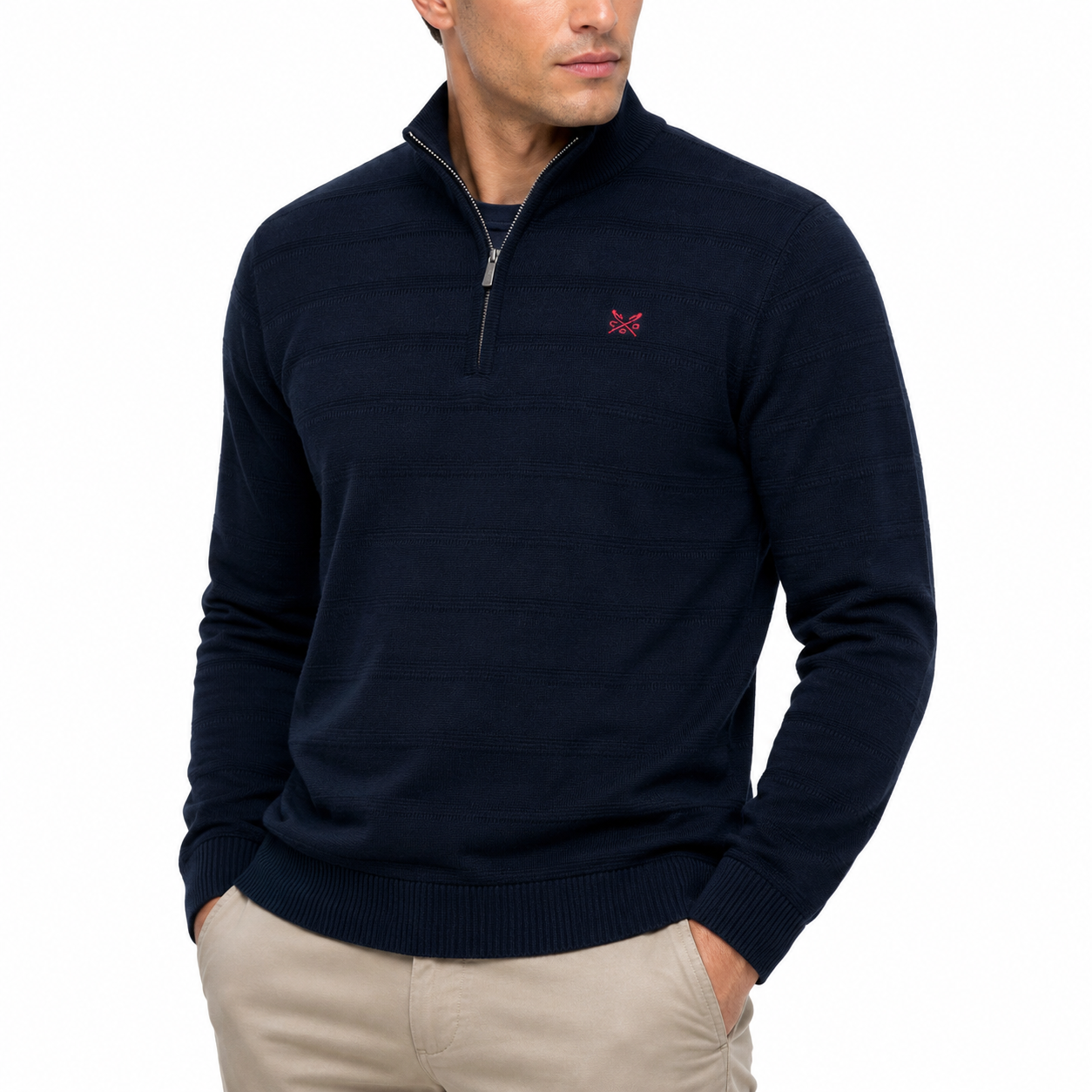 Crew Clothing Mens Cashmere Silk Blend Quarter Zip Jumper Navy Cream - QHA UK