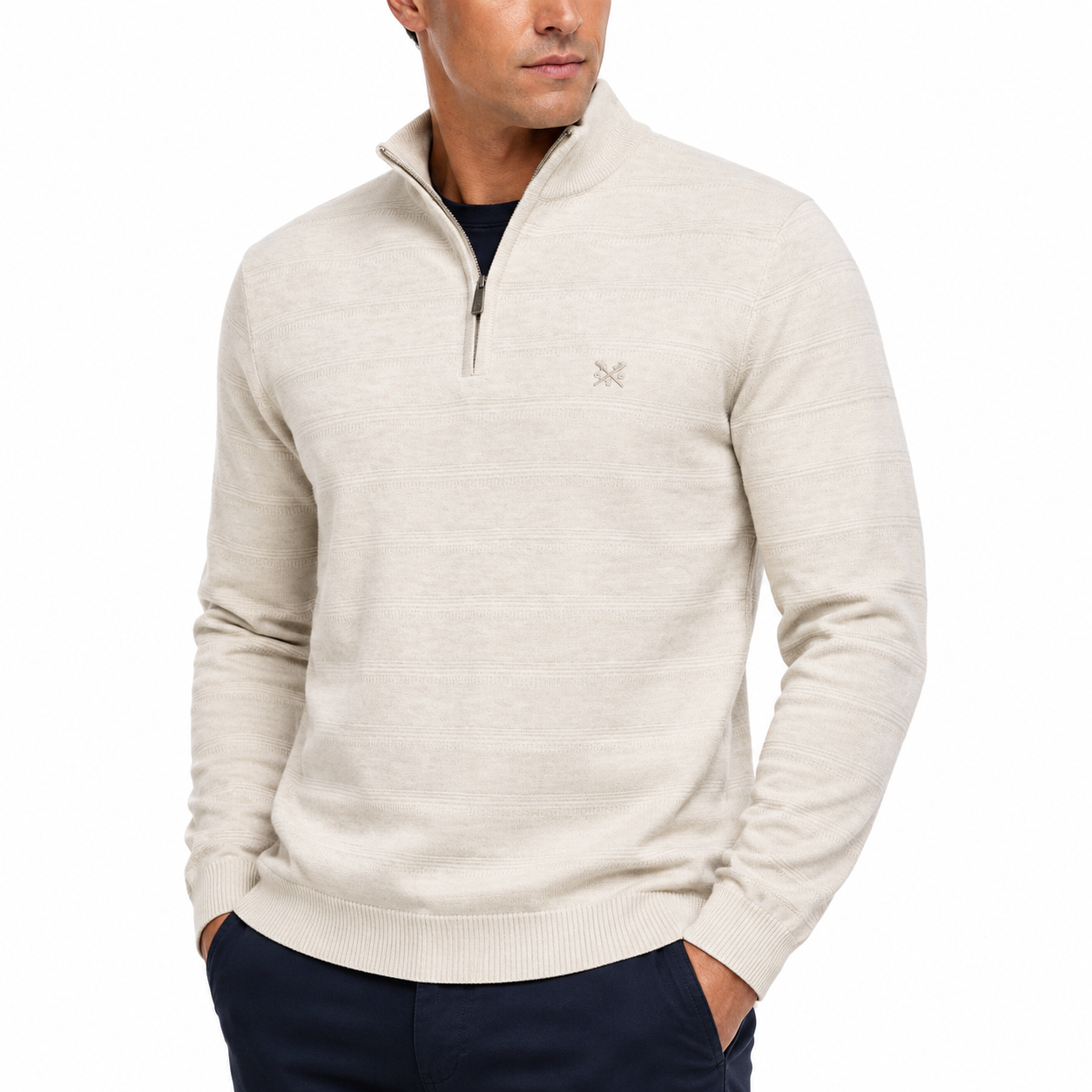 Crew Clothing Mens Cashmere Silk Blend Quarter Zip Jumper Navy Cream - QHA UK