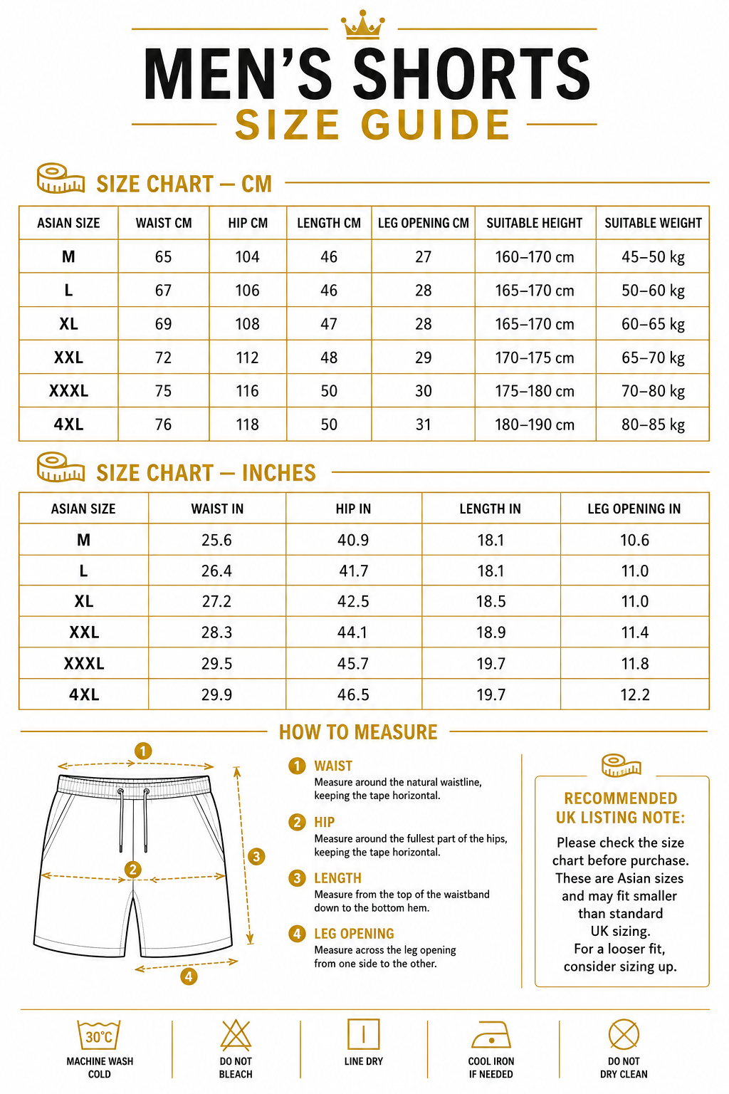 Men's shorts size guide with charts for waist, hip, length, and leg opening measurements.