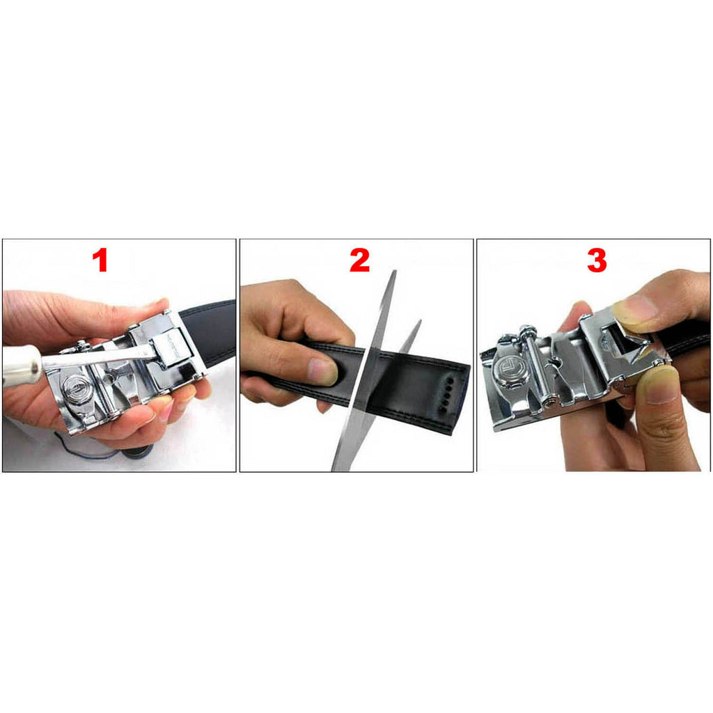 QHA Mens 35mm Ratchet Leather Belt, Gunmetal Brushed Plate Automatic Buckle Q75