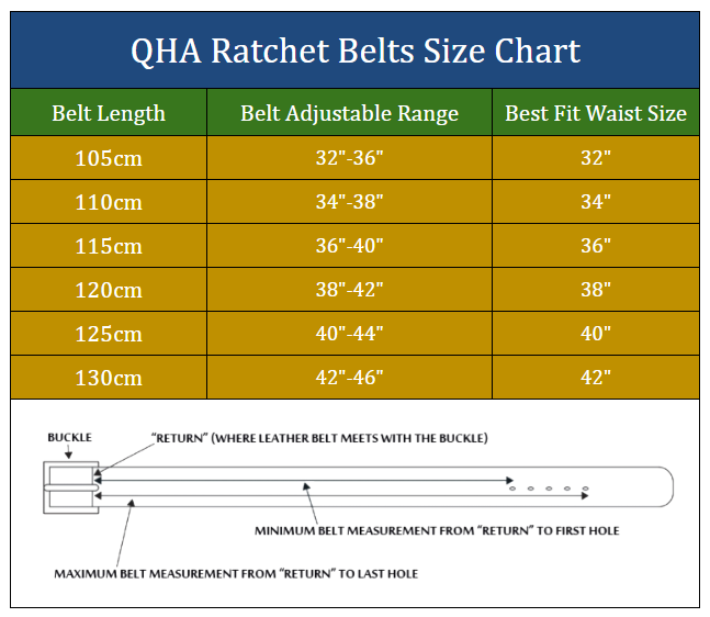 QHA Leather Belts Size Chart with belt length, adjustable range, and best fit waist size.