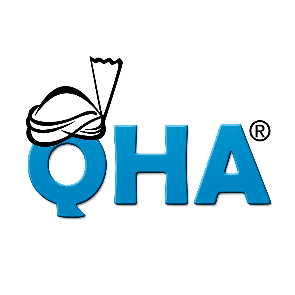 Logo with a stylized headscarf and 'QHA' letters on a white background