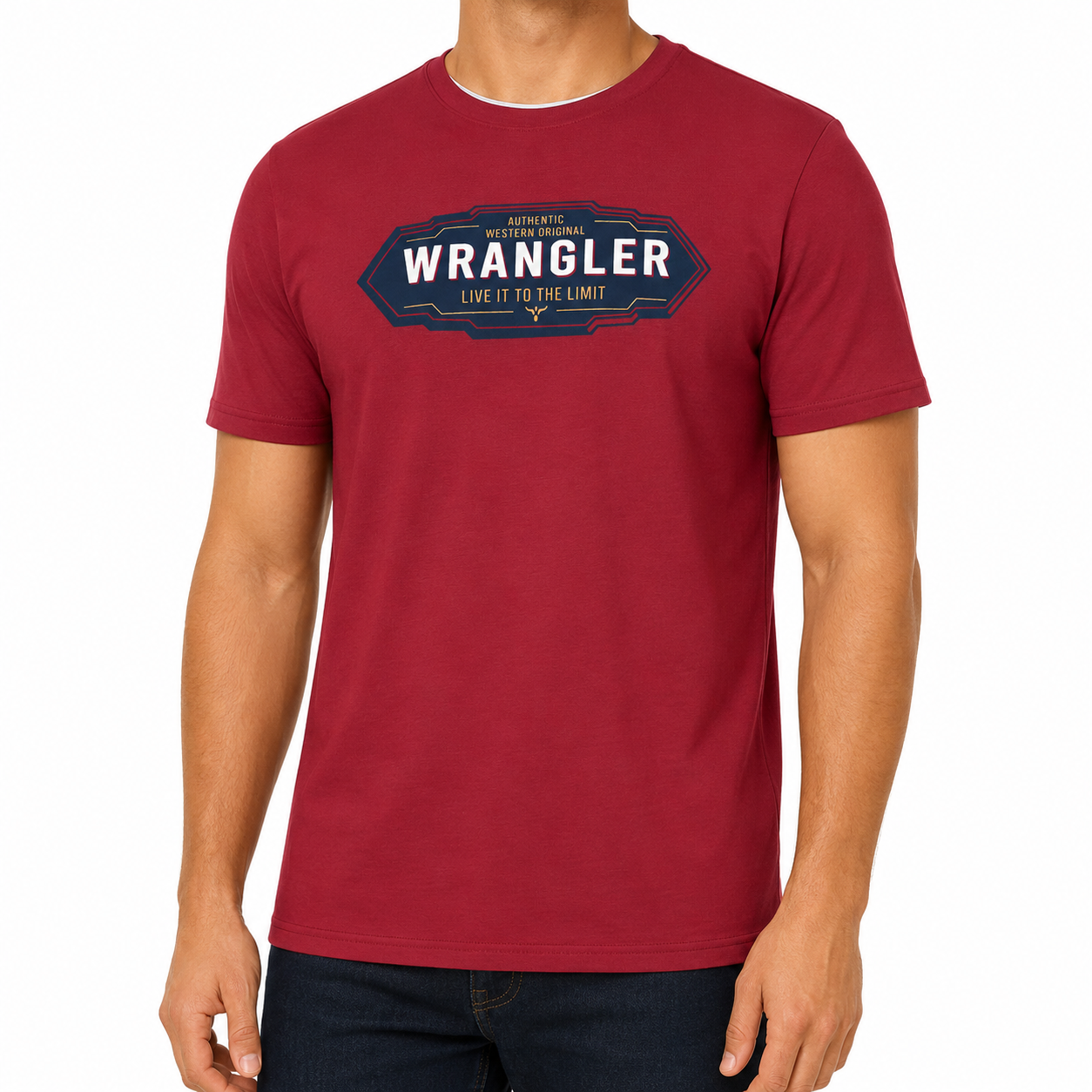 Red t-shirt with Wrangler logo on a white background