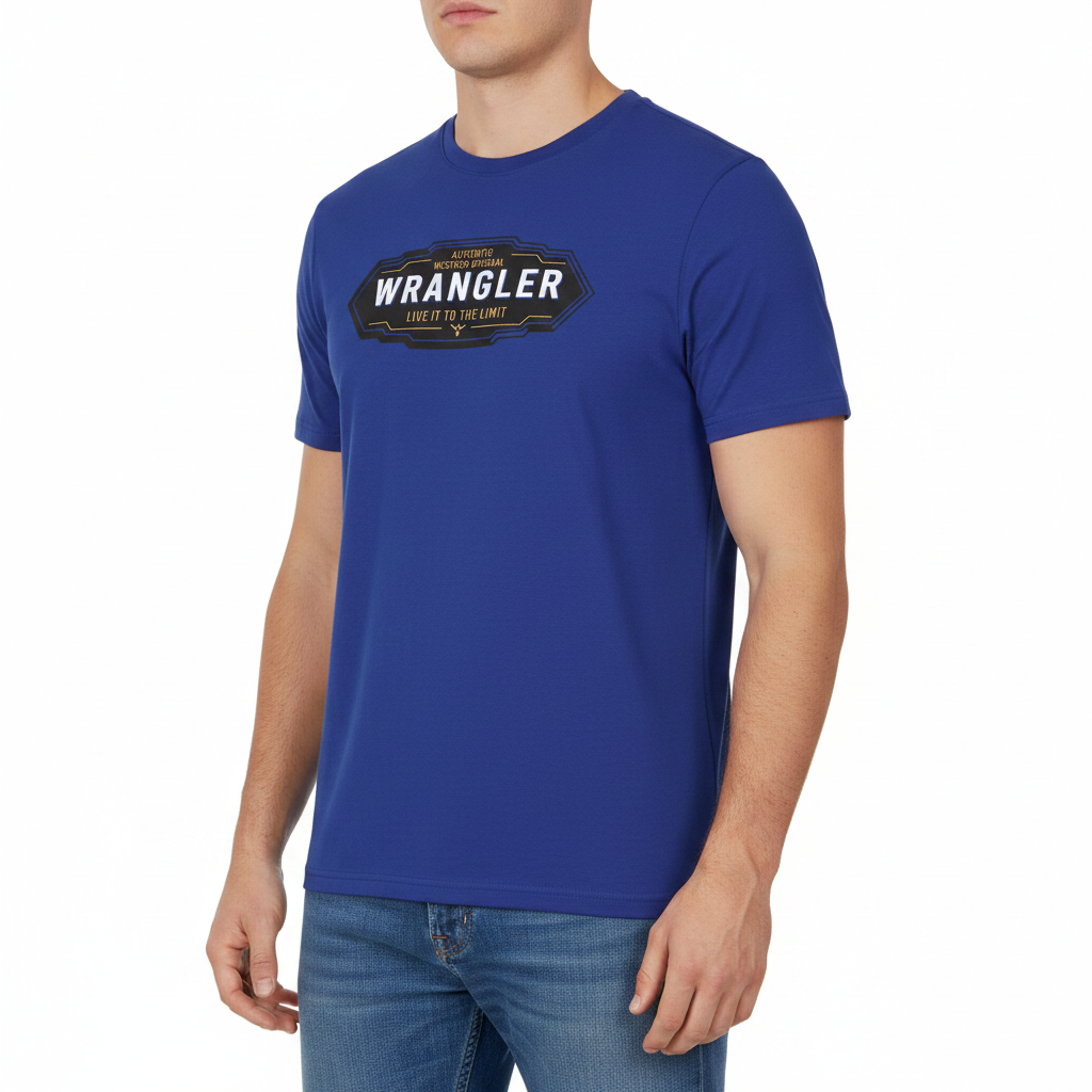 Person wearing a blue Wrangler t-shirt on a white background