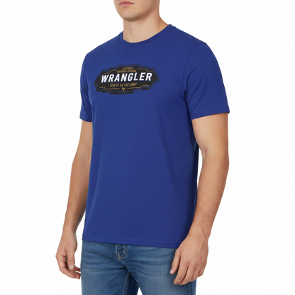 Person wearing a blue Wrangler t-shirt on a white background