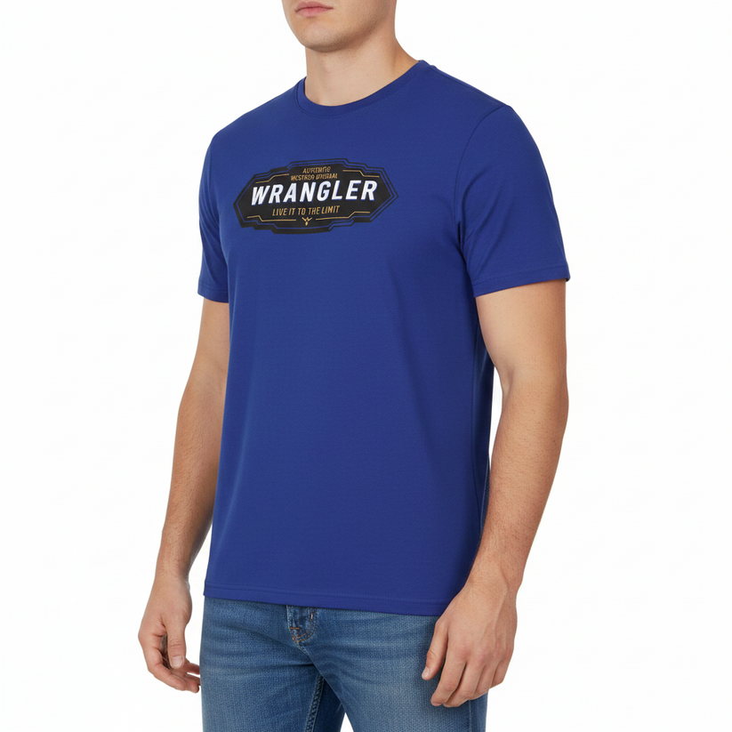 Person wearing a blue Wrangler t-shirt on a white background