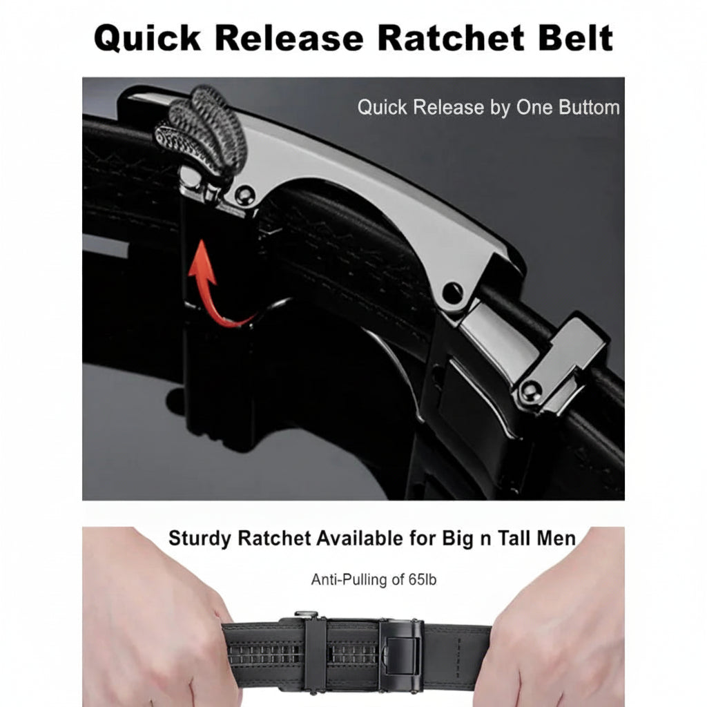 Quick release ratchet belt with text highlighting features on a gray background