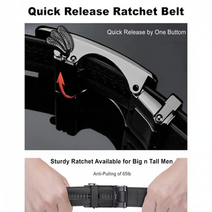 Quick release ratchet belt with text highlighting features on a gray background