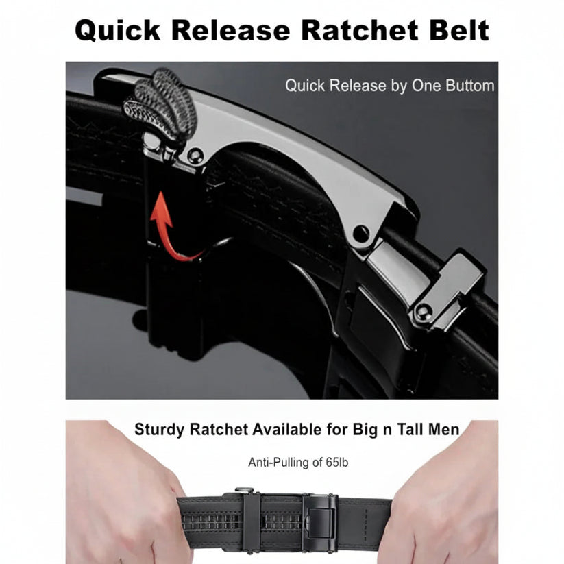 Quick release ratchet belt with text highlighting features on a gray background