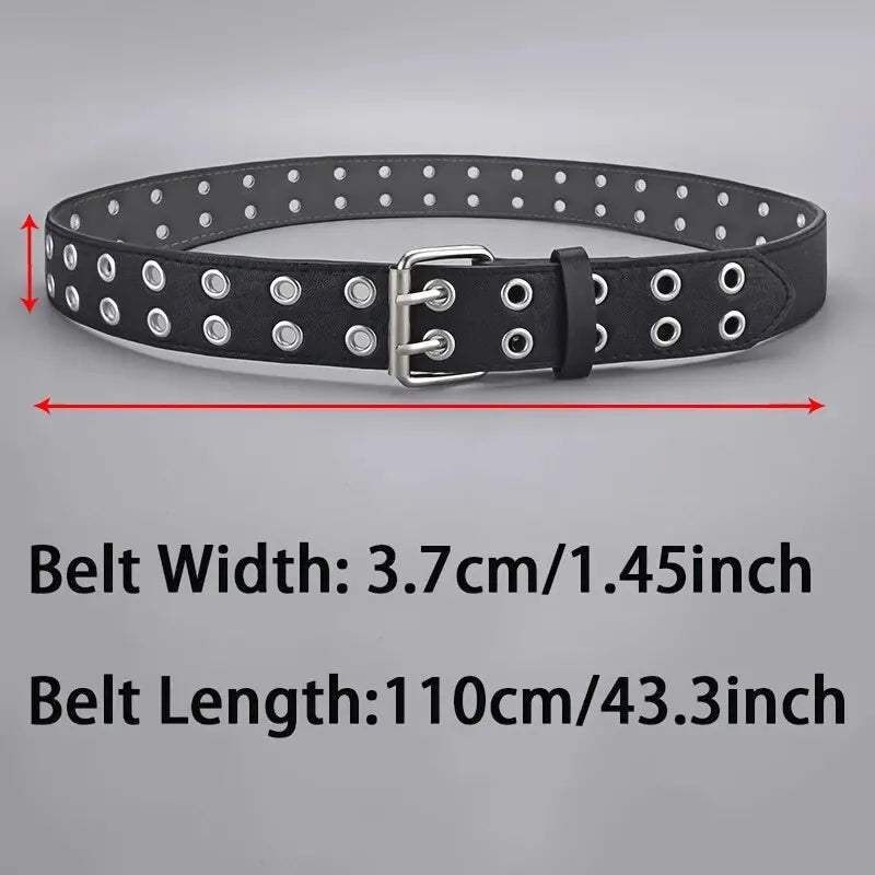 Unisex Y2K Punk Double Hole Belt PU Leather Grommet Rock Streetwear - QHA UK