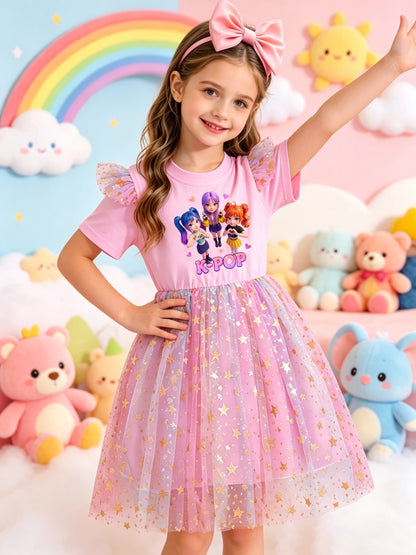 Girls Cartoon Idol Sequin Mesh Princess Dress Ages 3 to 10