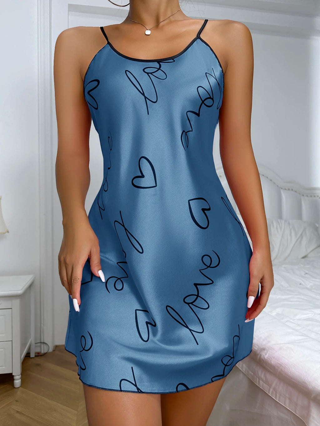 Womens Heart Print Nightdress Spaghetti Strap Casual Sleep Dress - QHA UK