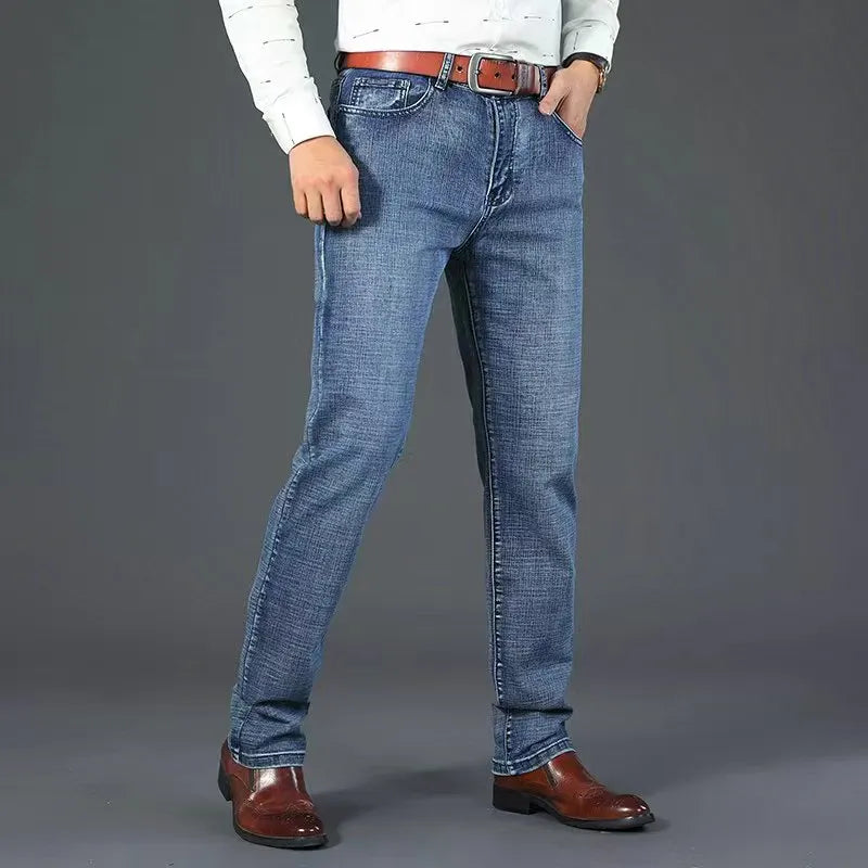 Mens Straight Stretch Jeans Slim Fit Smart Casual Work Denim Trousers