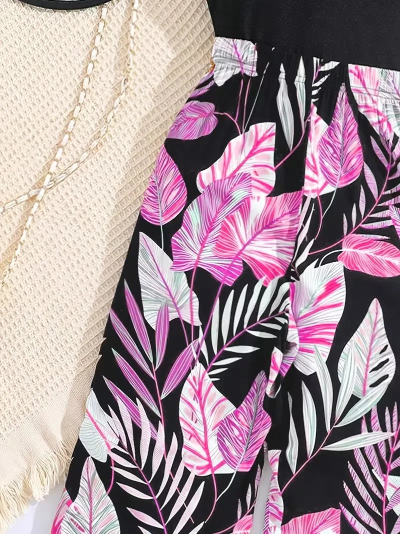 Girls Tropical Leaf Print Jumpsuit Black Sleeveless Wide Leg Summer