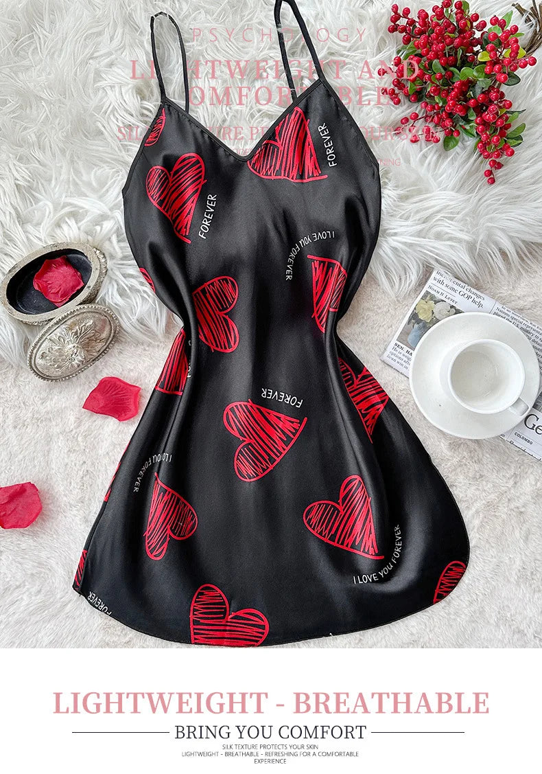 Womens Satin Lip Print Nightdress V Neck Backless Mini Sleepwear - QHA UK