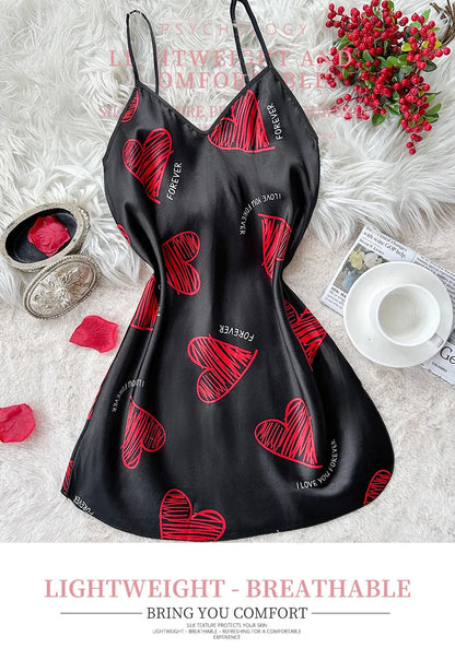 Womens Satin Lip Print Nightdress V Neck Backless Mini Sleepwear - QHA UK