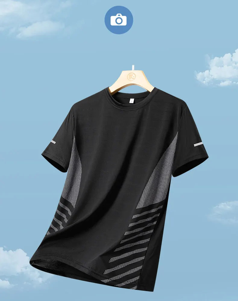 Mens Quick Dry Summer Running T-Shirt Ice Silk Breathable Reflective Gym Top