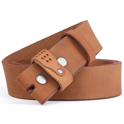 Men's Vintage Cowskin Leather Belt Strap No Buckle Snap Fit 3.8cm Brown