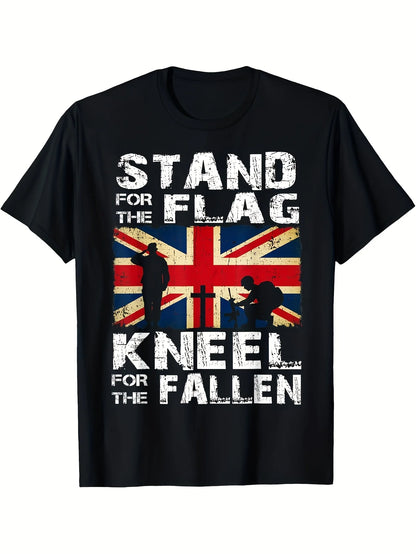 Black t-shirt with Union Jack design and text 'Stand for the Flag, Kneel for the Fallen' on a white background.