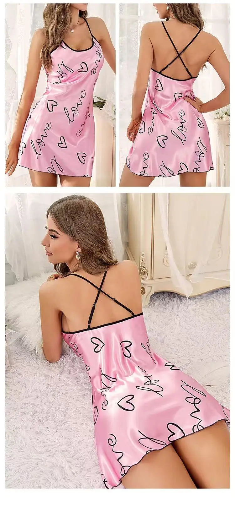 Womens Heart Print Nightdress Spaghetti Strap Casual Sleep Dress - QHA UK