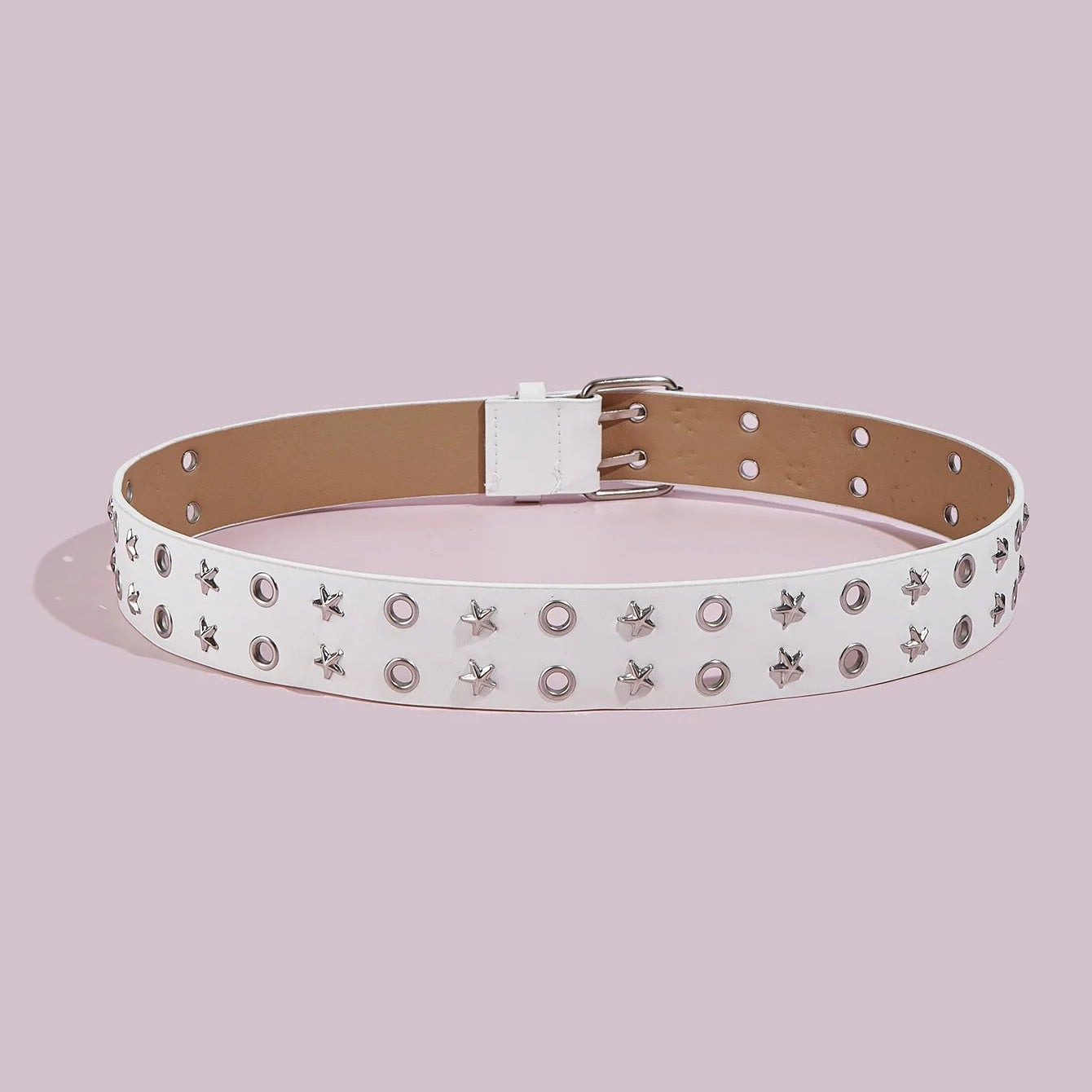 White belt with star-shaped studs on a pink background