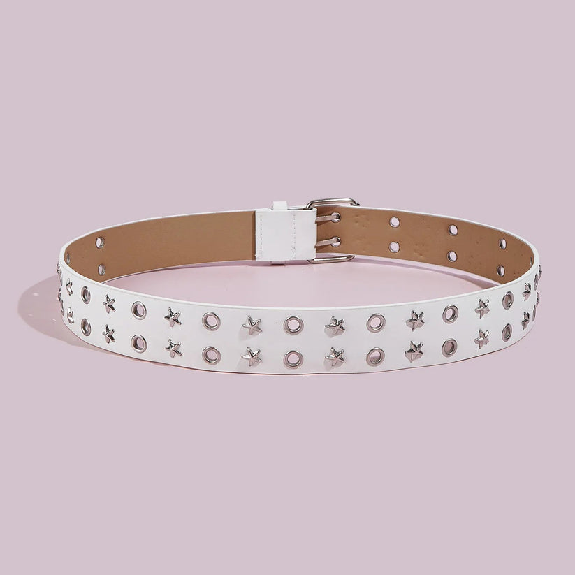 White belt with star-shaped studs on a pink background
