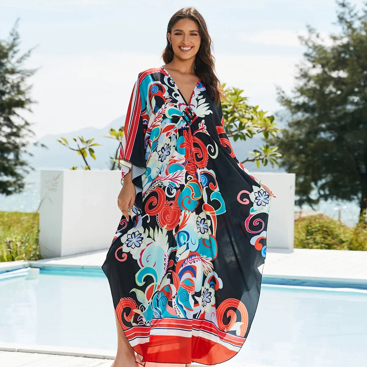 1. Maxi Kaftan Beach Dresses for Women – Artistic Summer Robe with Bold Prints