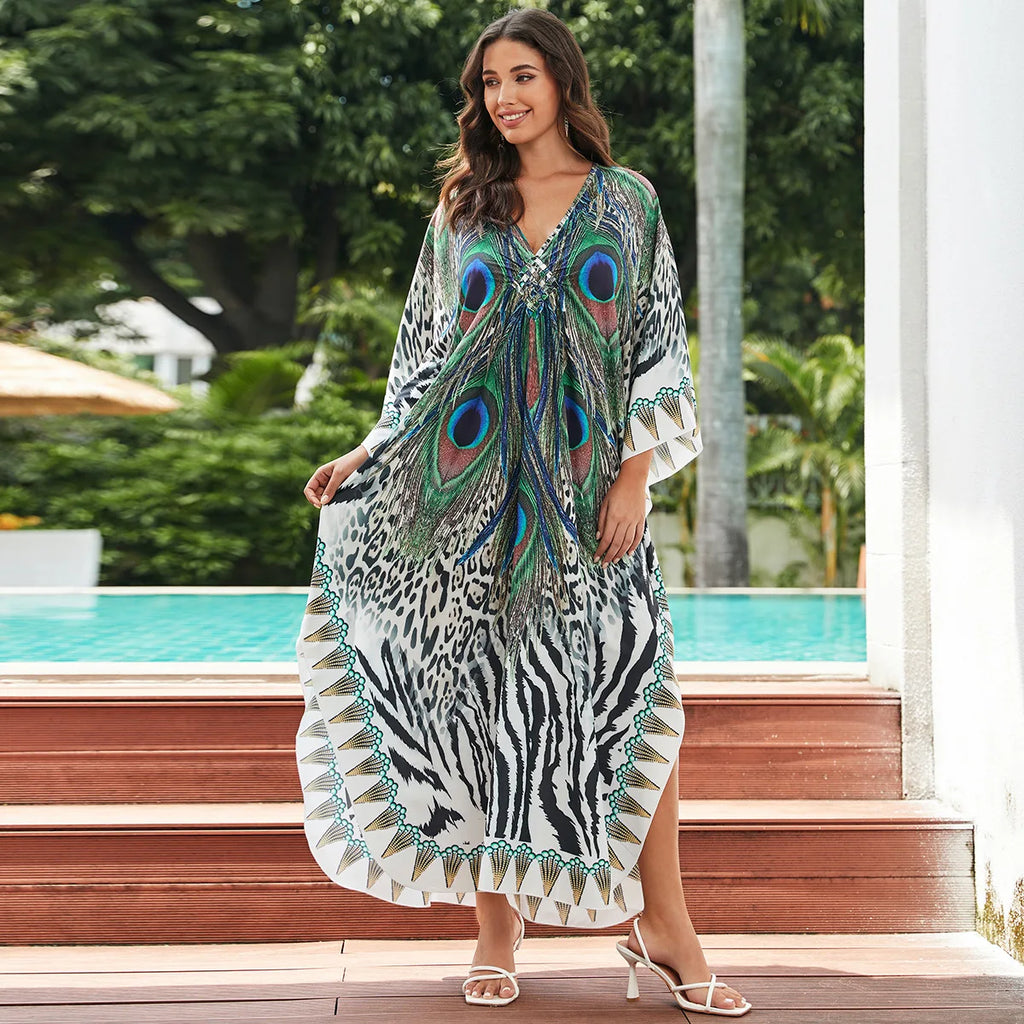 1. Maxi Kaftan Beach Dresses for Women – Artistic Summer Robe with Bold Prints