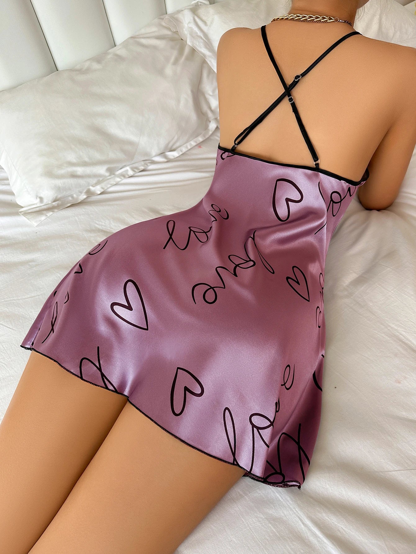 Womens Heart Print Nightdress Spaghetti Strap Casual Sleep Dress - QHA UK