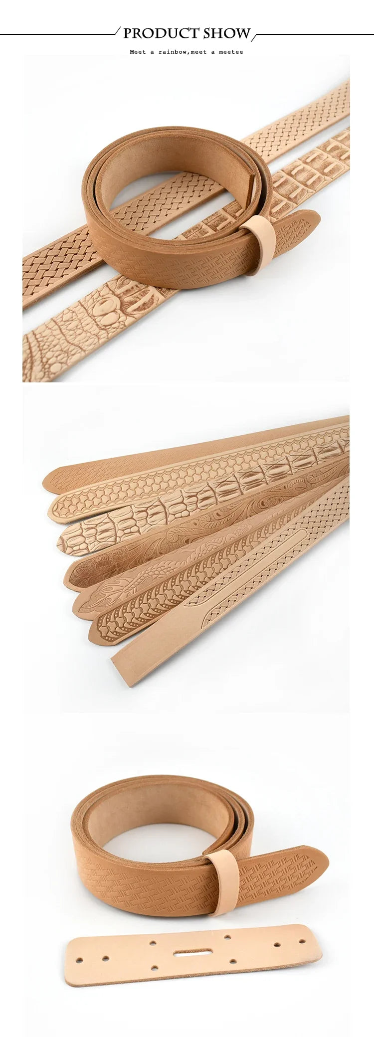 Three product views of a tan leather belt with textured and embossed patterns, shown coiled and laid flat on a white background.