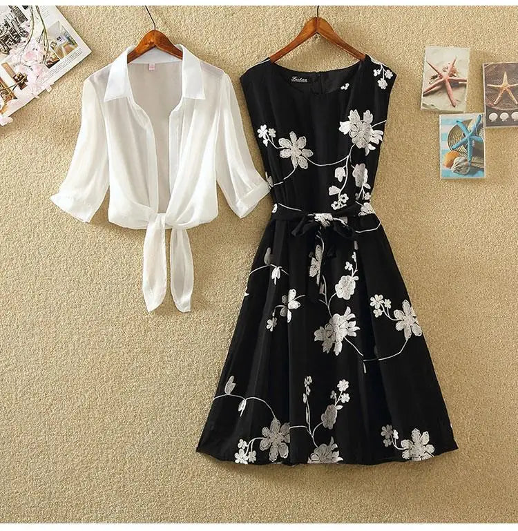 Womens Floral Embroidery Two-Piece Dress Suit Bow Belt UK 8-16
