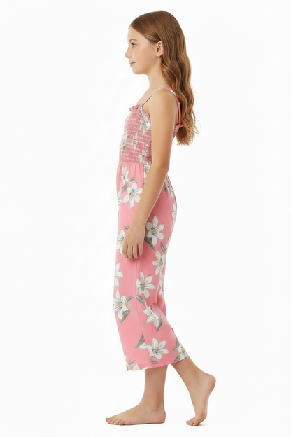 Girls' Pink Lily Print Wide-Leg Jumpsuit Suspender Ages 4-7