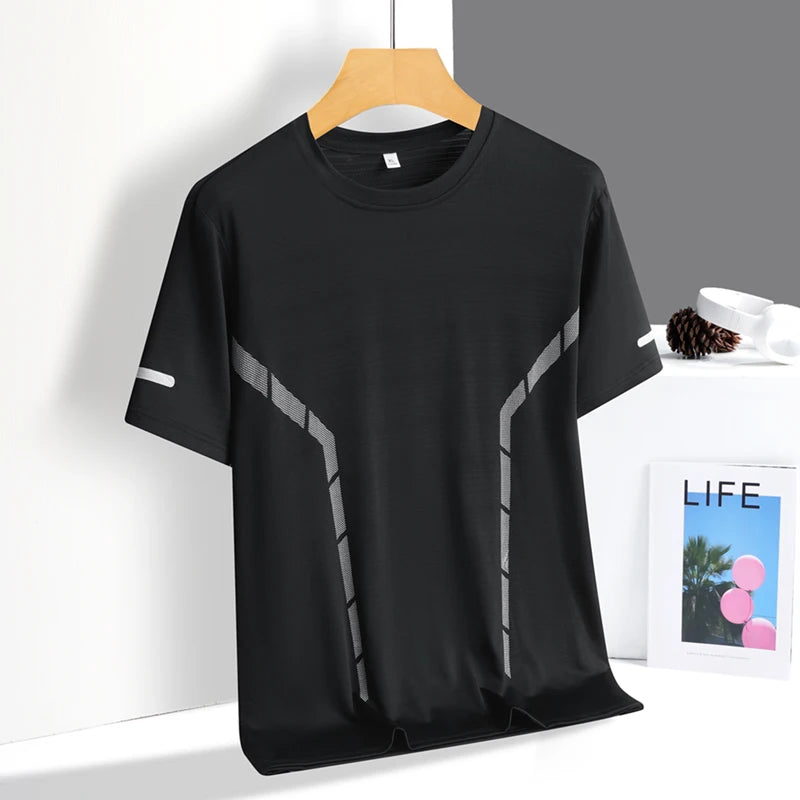 Mens Quick Dry Summer Running T-Shirt Ice Silk Breathable Reflective Gym Top