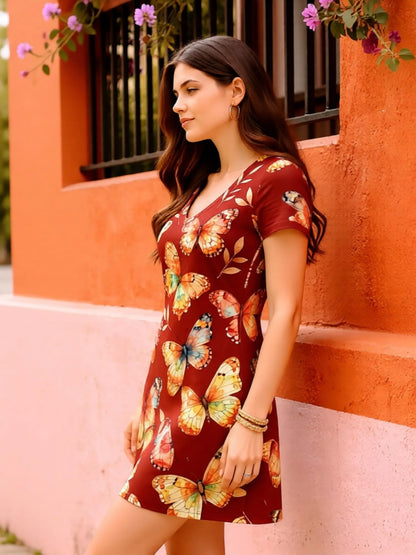 Womens Floral V Neck Short Sleeve A Line Mini Dress XS to XXL