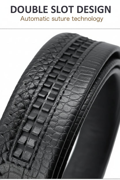 Black leather belt with double slot design and automatic suture technology on a white background
