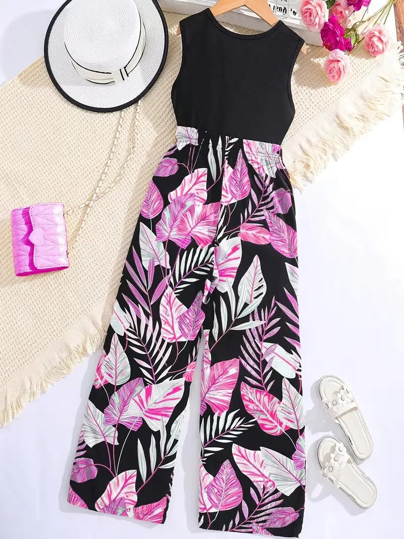Girls Tropical Leaf Print Jumpsuit Black Sleeveless Wide Leg Summer