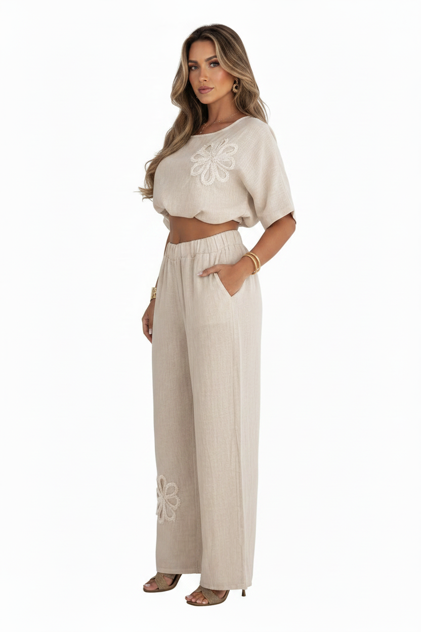 Womens Embroidered Linen Look Half Sleeve Top Wide Leg Pants 2-Piece Set 8-18