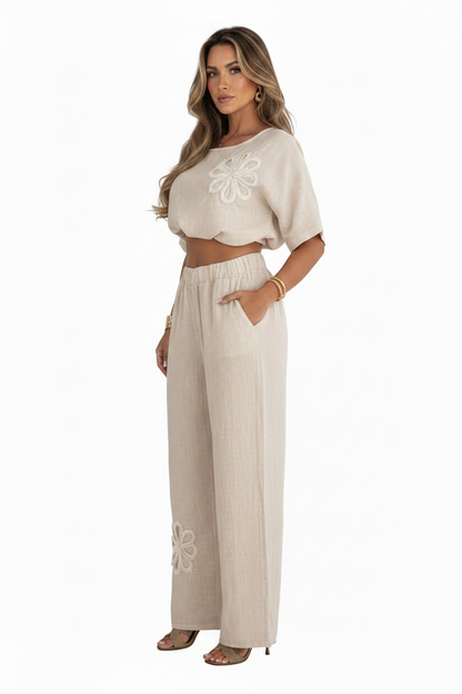 Womens Embroidered Linen Look Half Sleeve Top Wide Leg Pants 2-Piece Set 8-18